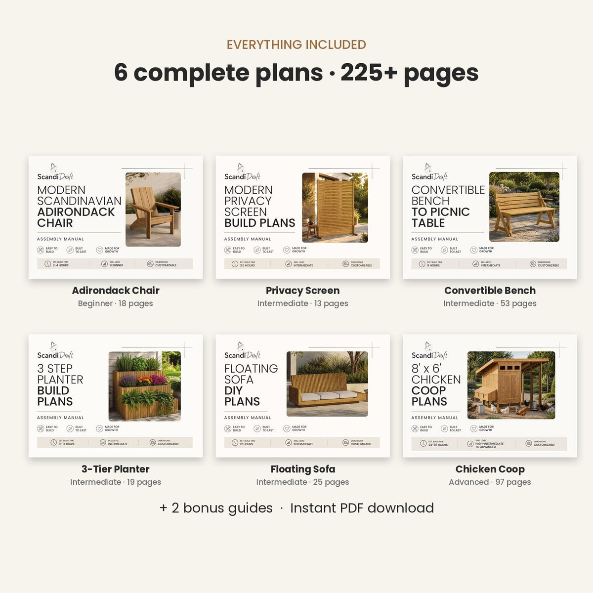 ScandiDraft Signature Bundle – all 6 woodworking plans included, 225+ pages plus 2 bonus guides